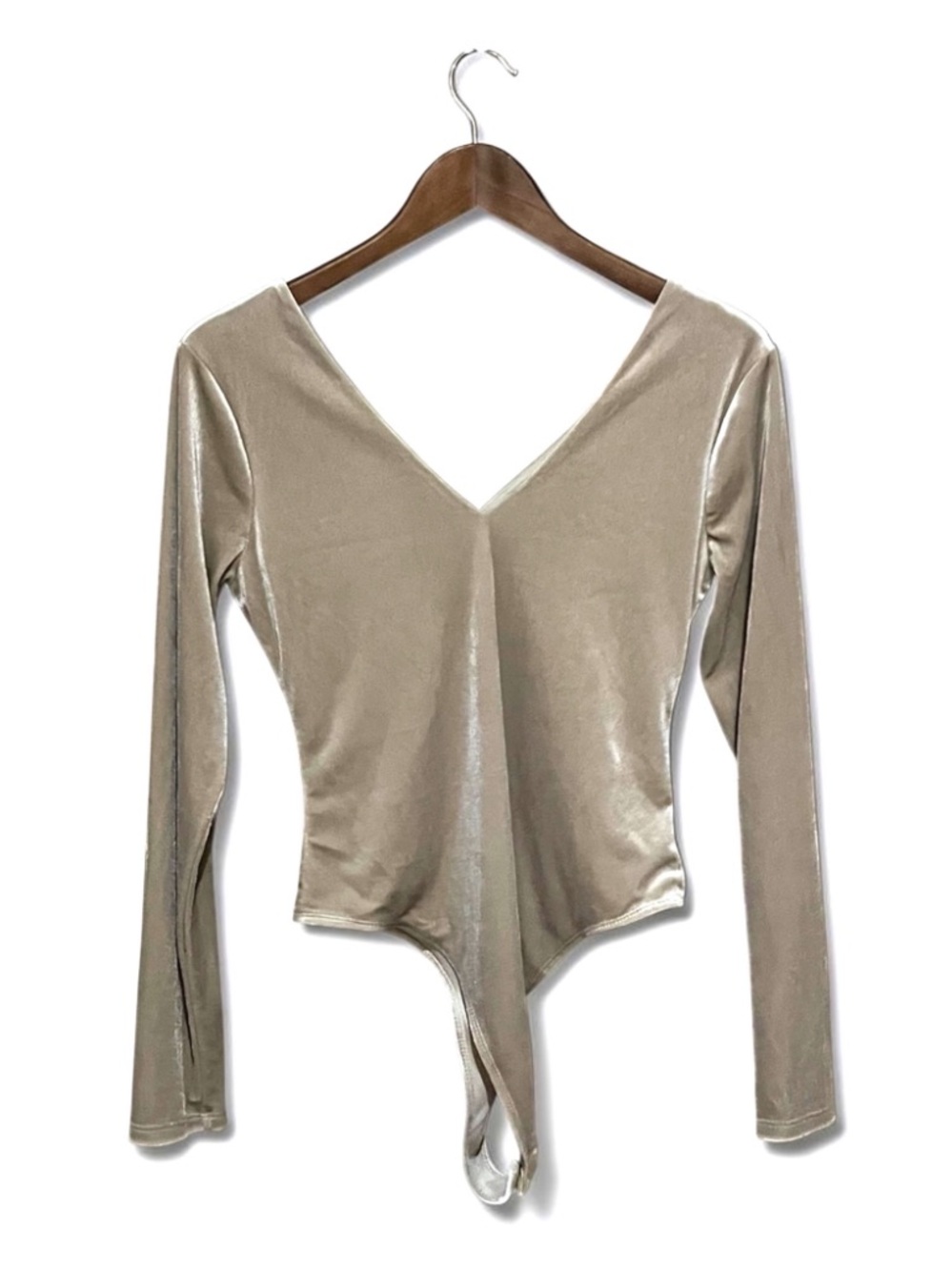 Gianni Bini Champagne Velvet V-Neck Long Sleeve Bodysuit